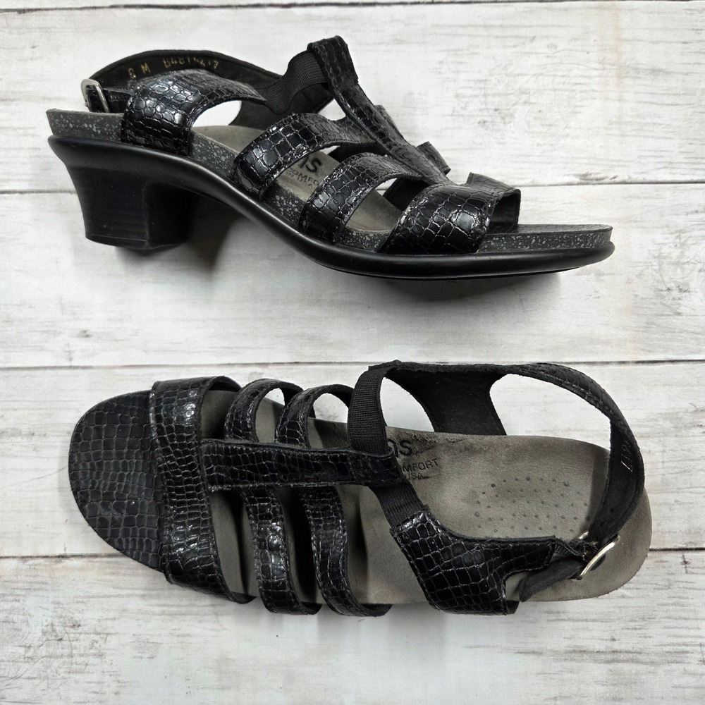 SAS Sandals Womens 8M Black Duo Croc Embossed Leather Strappy Block Heel Comfort